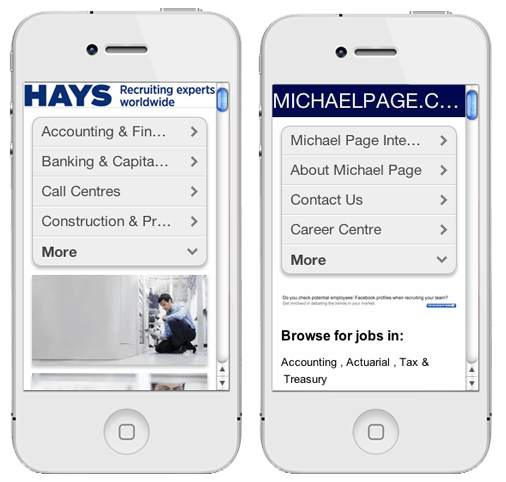 Hays-and-Michael-Page-Mobile-Websites Hays.co.uk and MichaelPage.co.uk in the Mobile Website Preview BMobilized