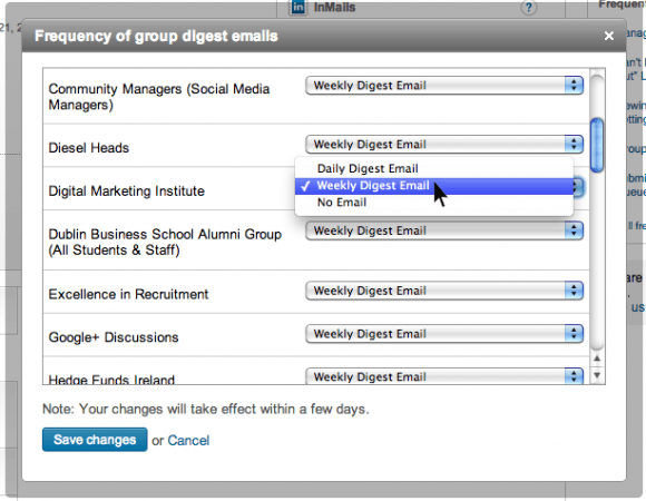 LinkedIn Settings - Frequency of Group Digest Emails List