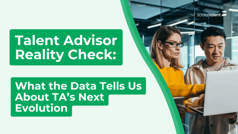 Two professionals discuss data on a laptop, with text about talent advisor evolution.