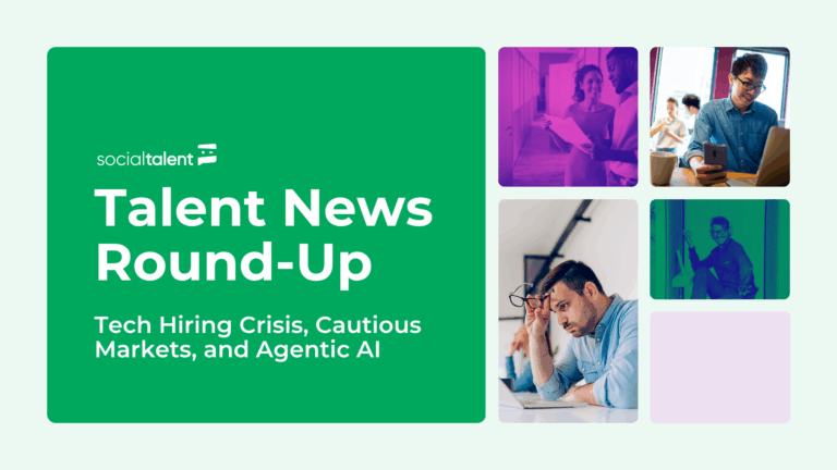 Green background with text: "Talent News Round-Up" and various people working on tech tasks.