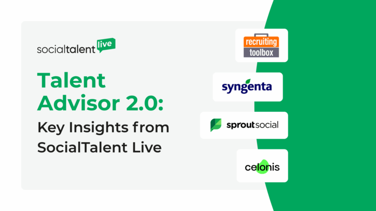 SocialTalent Live promotes Talent Advisor 2.0 with partner logos and key insights listed.