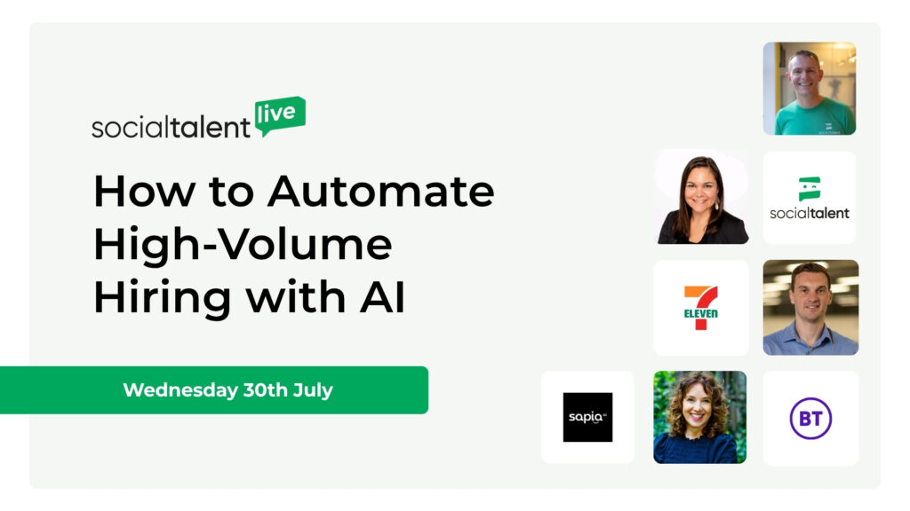 Promo image for the SocialTalent Live event "How to Automate High-Volume Hiring with AI." Features the speakers Johnny Campbell, Rachel Allen, Barb Hyman, and Matt Howe.