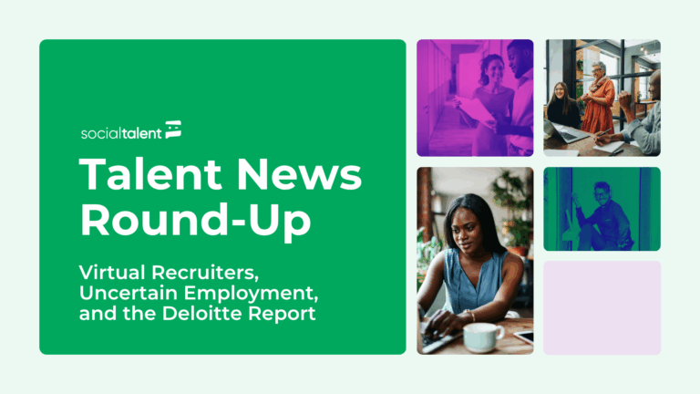 Green background with text "Talent News Round-Up" and images of diverse people in work settings.
