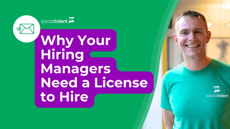 Smiling man in a green shirt beside bold text promoting hiring managers' licensing.