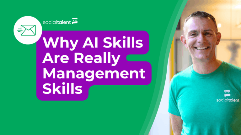 Man in a green shirt smiles beside text about AI skills and management on a vibrant background.