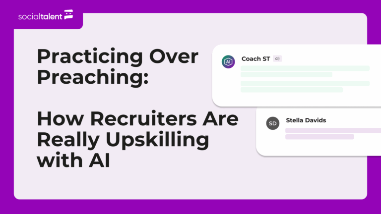 Text on a purple background discusses AI upskilling for recruiters, featuring names and icons.