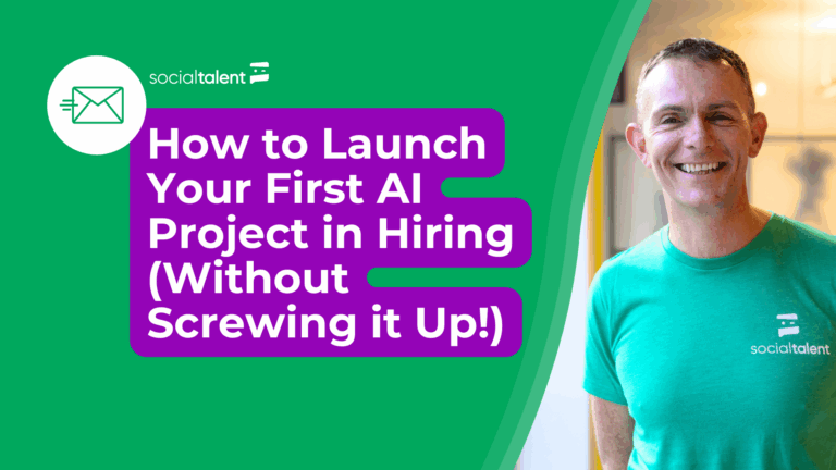 Man smiling in a green t-shirt beside text about launching AI projects in hiring.