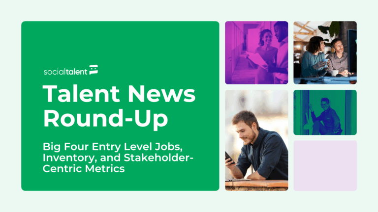 Green background with text highlighting talent news, featuring diverse people in smaller images.