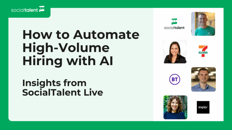 Webinar banner for automating high-volume hiring with AI, featuring logos and speaker images.