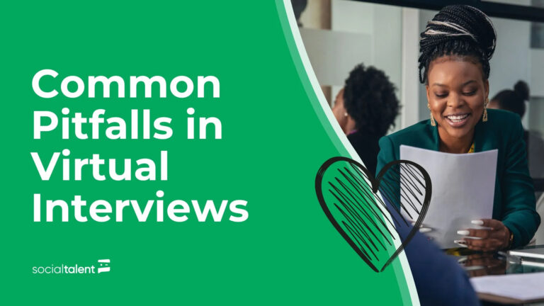 Smiling woman in a green blazer reviews notes for a virtual interview, with a heart graphic.