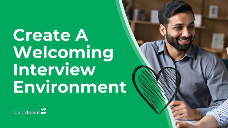 Welcoming interview design: smiling man in a gray shirt, with text on a green background.