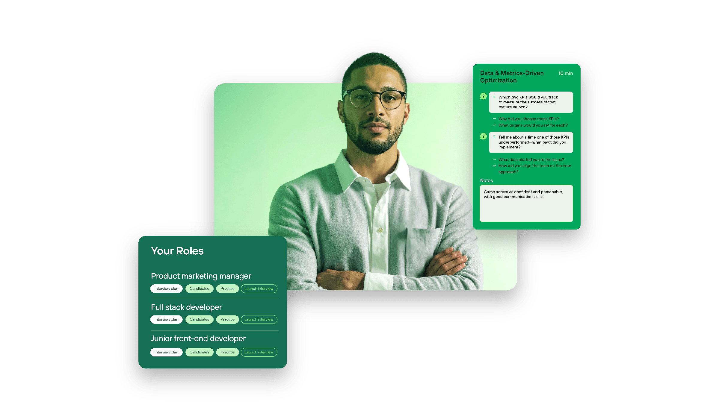 Interview Assistant in action — candidate on screen with the live interview plan and scoring notes alongside