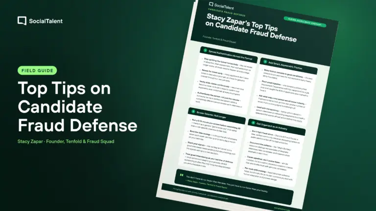 Stacy Zapar's Top Tips on Candidate Fraud Defense - SocialTalent field guide cover