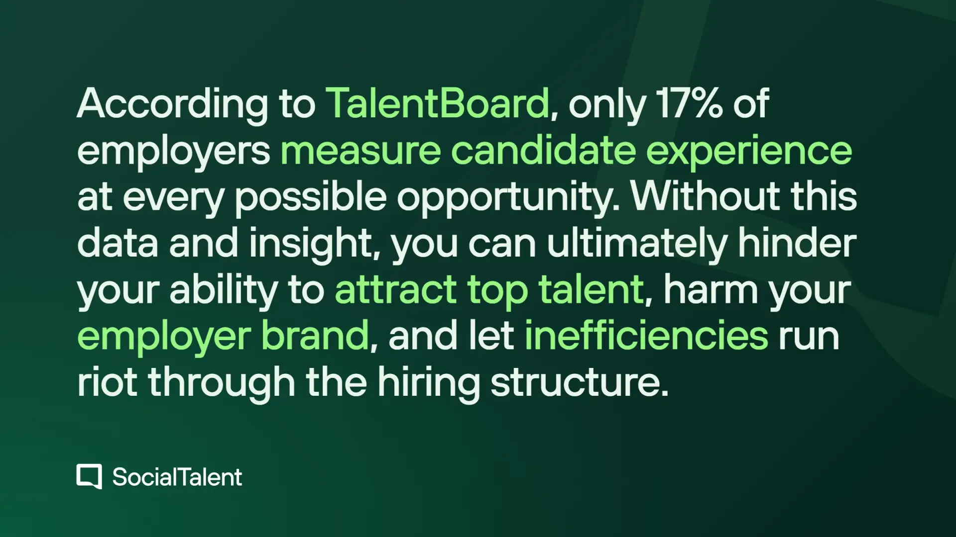 According to TalentBoard, only 17% of employers measure candidate experience at every possible opportunity. Without this data and insight, you can ultimately hinder your ability to attract top talent, harm your employer brand, and let inefficiencies run riot through the hiring structure.
